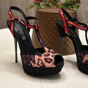 ALDO metal stiletto heels with leopard and hot pink/red floral pattern